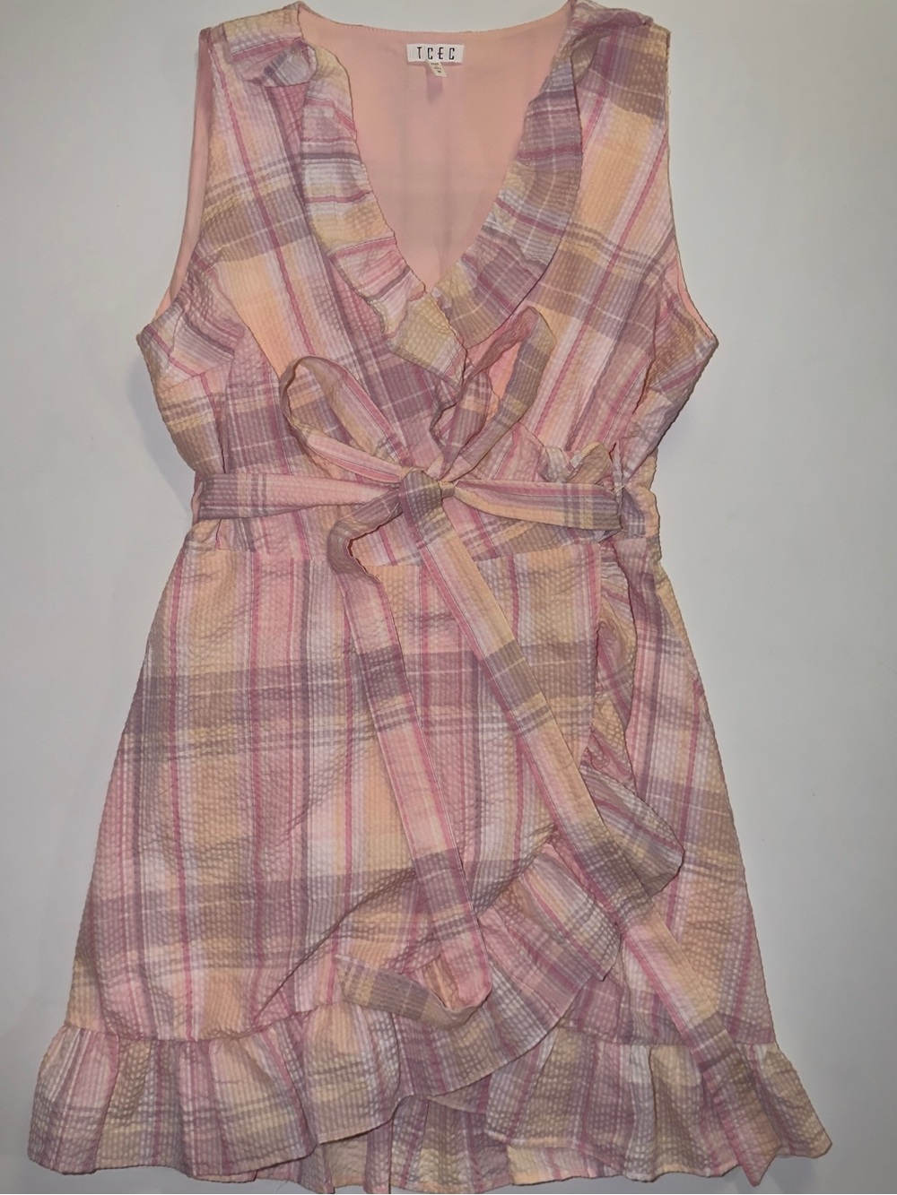 TCEC Girls' Pink and Yellow Plaid Ruffle Wrap Dress